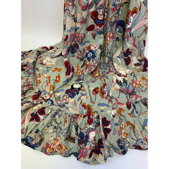 ELF Carmen Wrap Dress Gray Floral Ruffle V Neck Rayon Green Multi Tie Size L/XL - Picture 10 of 15